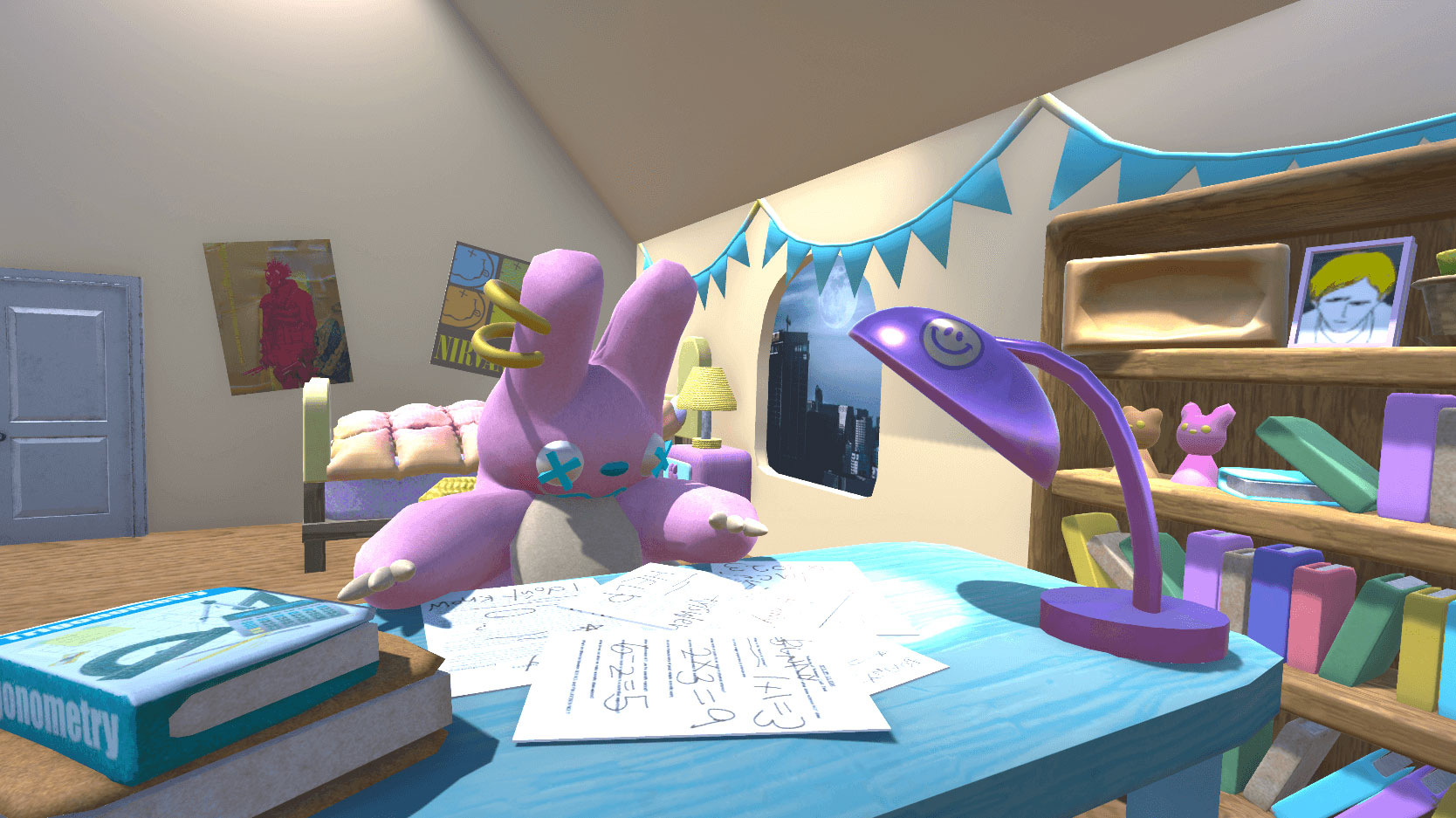 Cozy room with a pink plush bunny sitting at a desk, surrounded by books, papers with math equations, and a purple lamp with a smiley face.