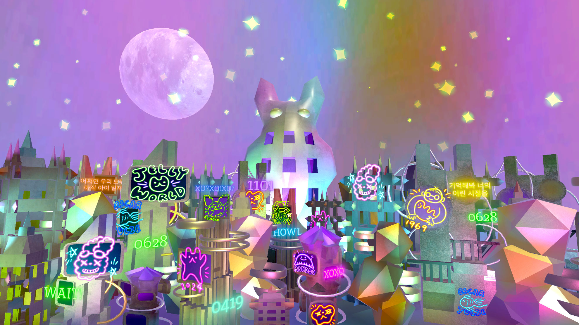 Vibrant cityscape under a colorful sky with a full moon, featuring neon signs and whimsical buildings, including a large cat-shaped structure.